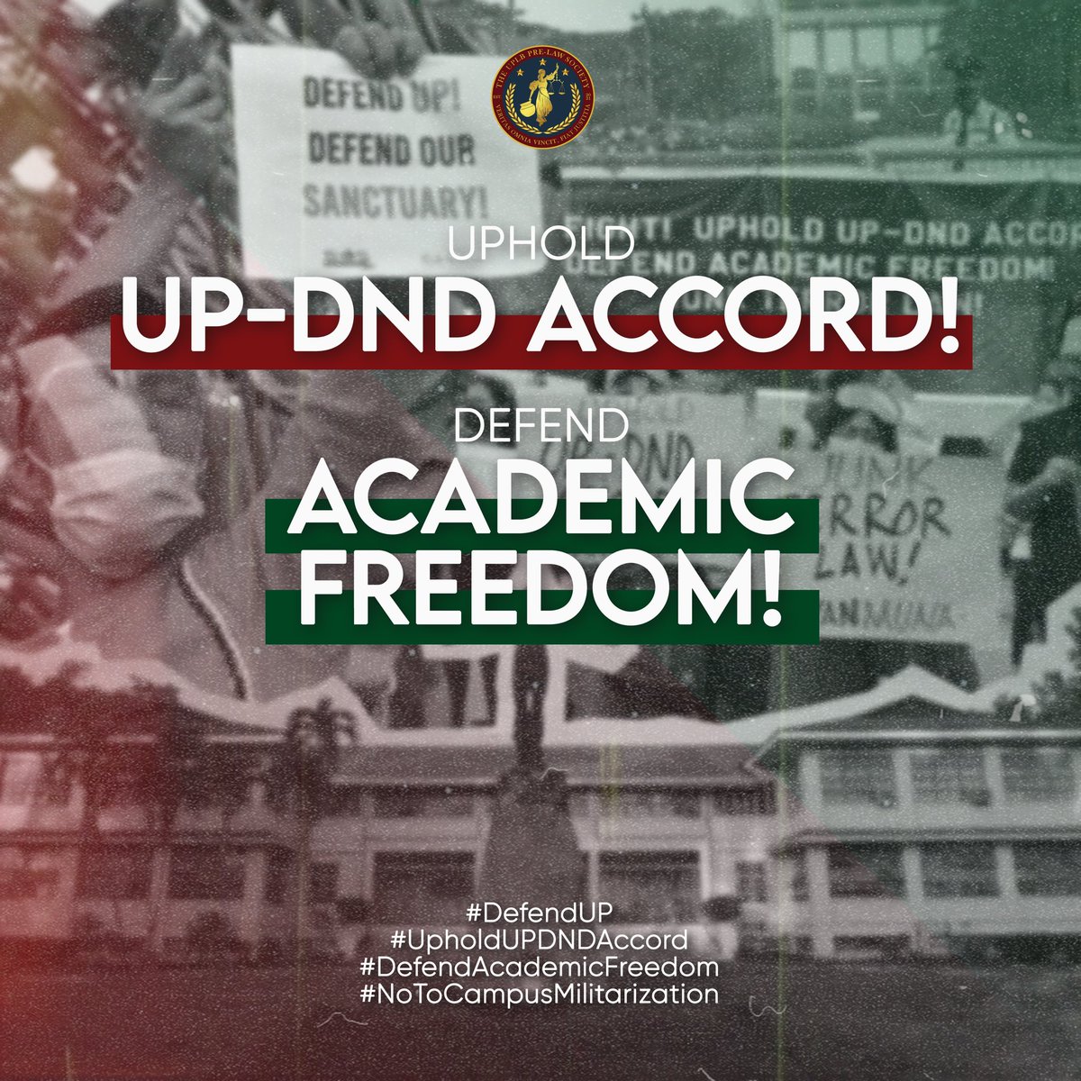 UPHOLD THE UP-DND ACCORD! DEFEND ACADEMIC FREEDOM!

The UPLB Pre-Law Society firmly stands with the UP Community to defend and uphold academic freedom! 

Read the statement here:bit.ly/Defend_UP

#DefendUP
#UpholdUPDNDAccord
#DefendAcademicFreedom
#NoToCampusMilitarization