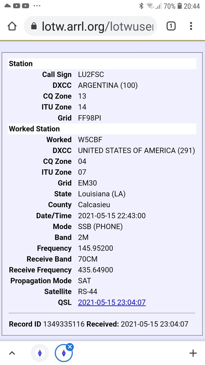 Muy contento, gracias @w5cbf por el contacto via sat rs44 .sin dudas mi contacto mas lejano y con la menor elevación