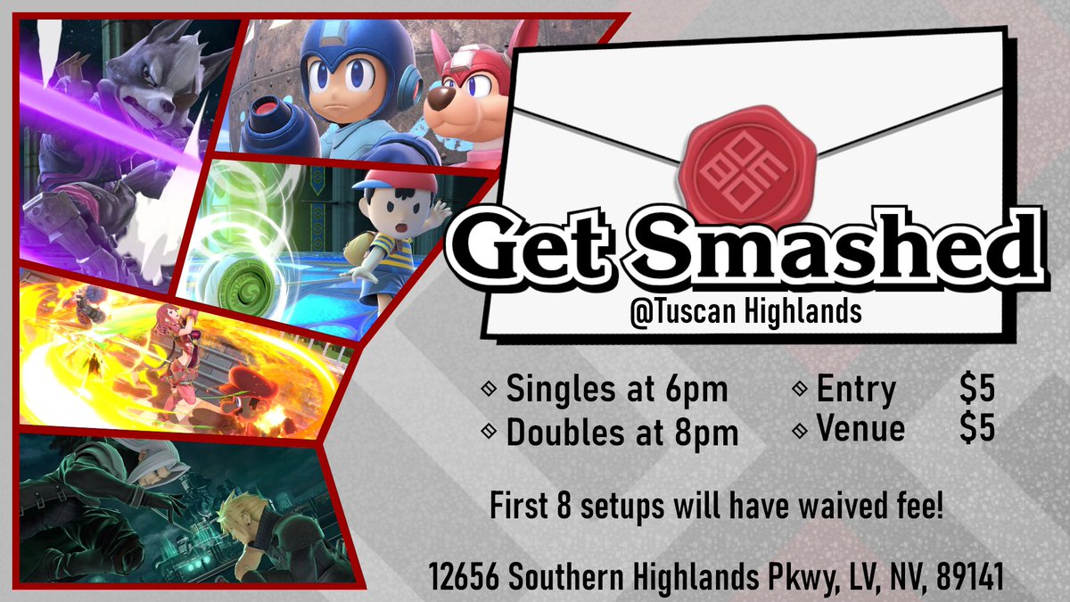 8bit_esports's tweet photo. Hello Vegas Smashers! 8-bit will be hosting our brand new local this Friday at Tuscan Highlands. Tournament starts with Singles at 6pm, and Doubles at 8pm. Venue and entry fee are $5, and first 8 setups will have waived fee!
Address: 12656 Southern Highlands Pkwy, LV, NV, 89141 https://t.co/DWJ4EenNf2