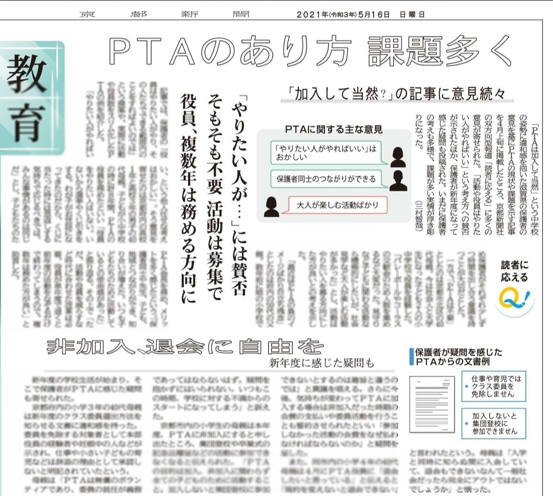 I Pta 井上哲也 On Twitter 京都新聞 三村智哉記者 Pta加入当然に疑問 の記事に反響 多様な考え 課題浮き彫りに Https T Co 7eip0bfu1i 取り立てて新たな反響はないが 継続記事化はありがたい この記事 Pta 入って当然 に不満の声 任意加入のはずが教員