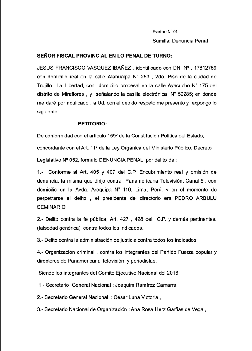 martinluma's tweet photo. #LOÚLTIMO
Excolaborador de la DEA, Jesús Vásquez, denunció penalmente a los integrantes del Partido Fuerza popular y directores de Panamericana Televisión y periodistas por el delito de organización criminal y otros delitos. @lamula. https://t.co/fLjFhEgMtK