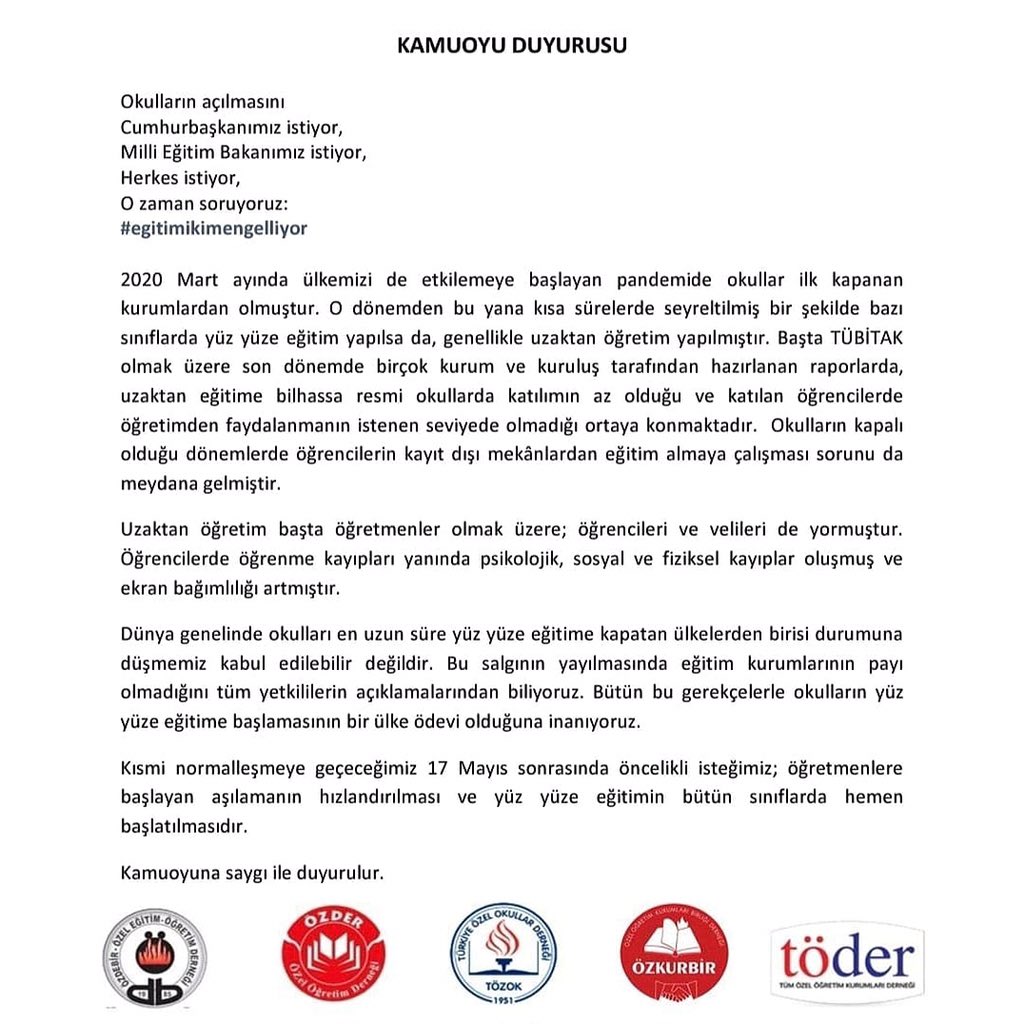 Okulların açılmasını;

Cumhurbaşkanımız istiyor,
Milli Eğitim Bakanımız istiyor, 
Herkes istiyor...
Peki,
#egitimikimengelliyor
@Ozdebir_NAtalay

<a href="/ozderdernek/">Özel Öğretim Derneği</a>

<a href="/TOZOK1951/">TÖZOK</a>

<a href="/ozkurbir/">ÖZEL ÖĞRETİM KURUMLARI BİRLİĞİ DERNEĞİ</a>

<a href="/Toder2002/">T Ö D E R</a>

<a href="/tcmeb/">Millî Eğitim Bakanlığı</a> 

#erdemli #gayeokulları #özelokul