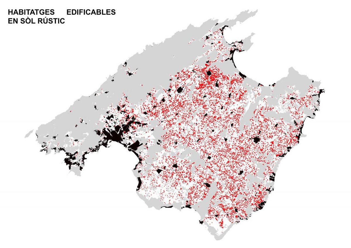 Terraferida's tweet photo. El sòl rústic de Mallorca té un mínim d'11.200 parcel·les rurals edificables (vermell). Aviat serem una ciutat enlloc d'una illa, si no la protegim. Menorca ho va fer l'any 2003. Ara o mai. https://t.co/q7hQg0pryP
