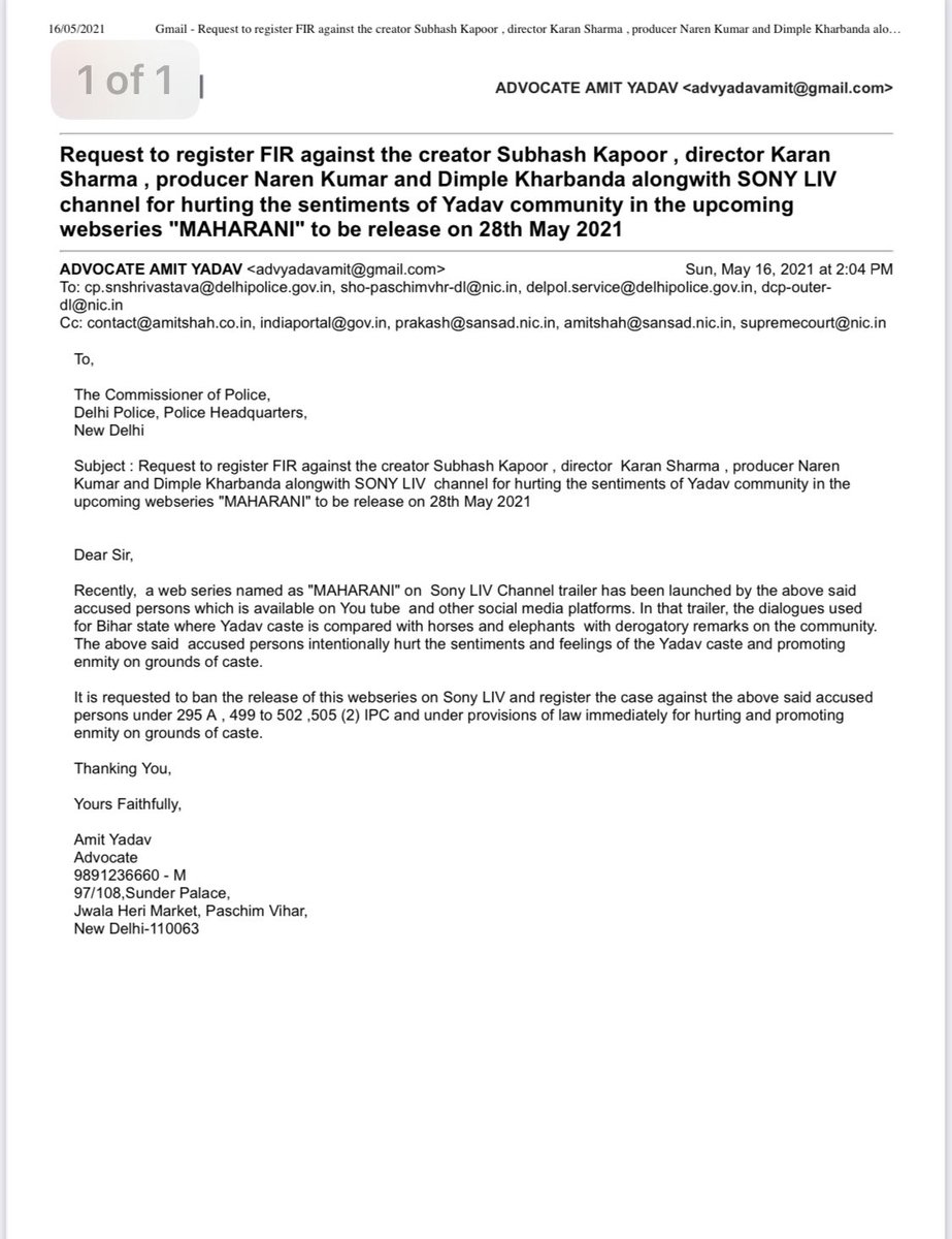 AmitYadavAdv's tweet photo. A police complaint sent to @CPDelhi for ban this web series and take action against the creator director and producer along with Sony LIV for hurting sentiments of Yadav Community @PMOIndia @AmitShah https://t.co/DdF2AE38Dj