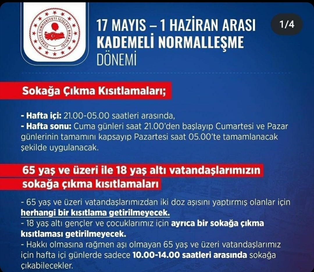 17 Mayıs 1 Haziran dönemi kademeli normalleşme...