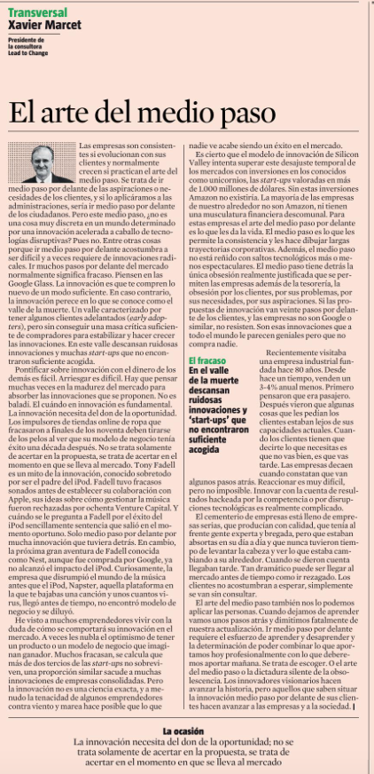 XavierMarcet's tweet photo. El arte del medio paso, mi artículo de hoy en @LaVanguardia o de cómo es fundamental el "momentum" para innovar, mejor ir medio paso por delante de los clientes que veinte !!
https://t.co/DCqQuh5ral https://t.co/QKGL7m1mUh