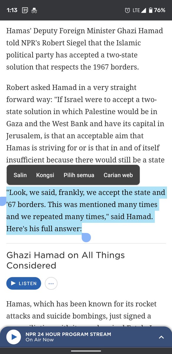 iqharaz's tweet photo. @muhdfairuzzzz @DrRafidahHanim @MuhyiddinYassin Jawapan Hamad adalah konsisten dengan mengatakan "we accept the state and '67 borders" tanpa mengatakan mereka mengiktiraf kewujudan Israel. Pada hemat saya, its a partial answer which is consistent with thwir stand.

Bijak cara jawapan org politik Hamas ni. https://t.co/NjqbNEdL8R