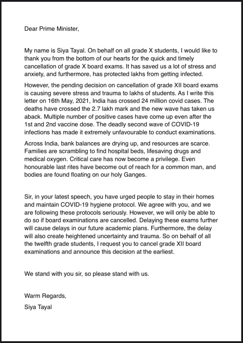 SiyaTayal's tweet photo. @PMOIndia once again I write to you, hopeful that you will hear our pleas. Sir we stand with you, so please stand with us. Please end the tormenting wait, and #cancelboardexams2021. 

#Studentlivesmatter #boardexams2021 https://t.co/CGfBfAfJq3