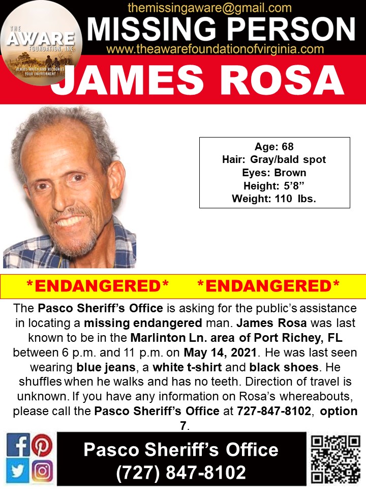 ***MISSING/ENDANGERED*** The Pasco Sheriff’s Office is asking the public’s assistance in locating a missing endangered man. James Rosa was last known to be in the Marlinton Ln. area of Port Richey, FL between 6 p.m. and 11 p.m. on May 14, 2021. <a href="/PascoSheriff/">Pasco Sheriff</a>