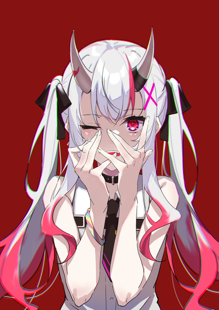 nakiri ayame 1girl horns solo one eye closed twintails oni horns red background  illustration images