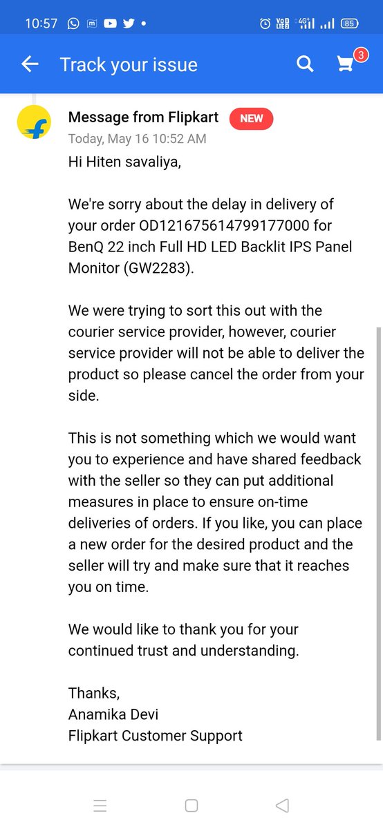 hitenpatel232's tweet image. I ordered on May 2, expected date of delivery was May7, didn't receive. BREACH 1. Nxt "generated" date May 10, didn't receive. BREACH 2. Nxt generated date May13, BREACH3 Then the customer support is telling me to cancel your order.
@flipkartsupport
@Flipkart, @FlipkartSellers