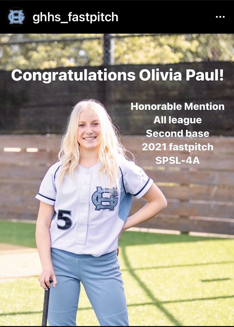 Congratulations Olivia Paul! Honorable Mention, Second Base, 2021 Fastpitch SPSL-4A