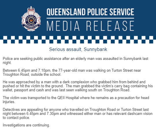 9NewsQueensland's tweet photo. Police are seeking public assistance after an elderly man was assaulted in #Sunnybank between 6.45pm and 7.10pm last night on Turton Street near Troughton Road, outside the school. #9News https://t.co/5EhiElPwDj
