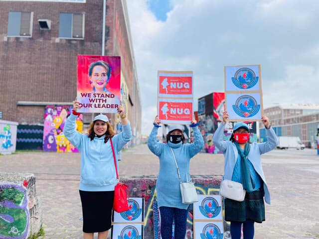 Myanmar nationals in the Netherlands held a demonstration in Amsterdam on Saturday in support of detained political activists and leader Aung San Suu Kyi. In solidarity with the Spring Revolution, they regularly bang pots and pans at 8pm Myanmar time, they said. (Photo: Supplied)