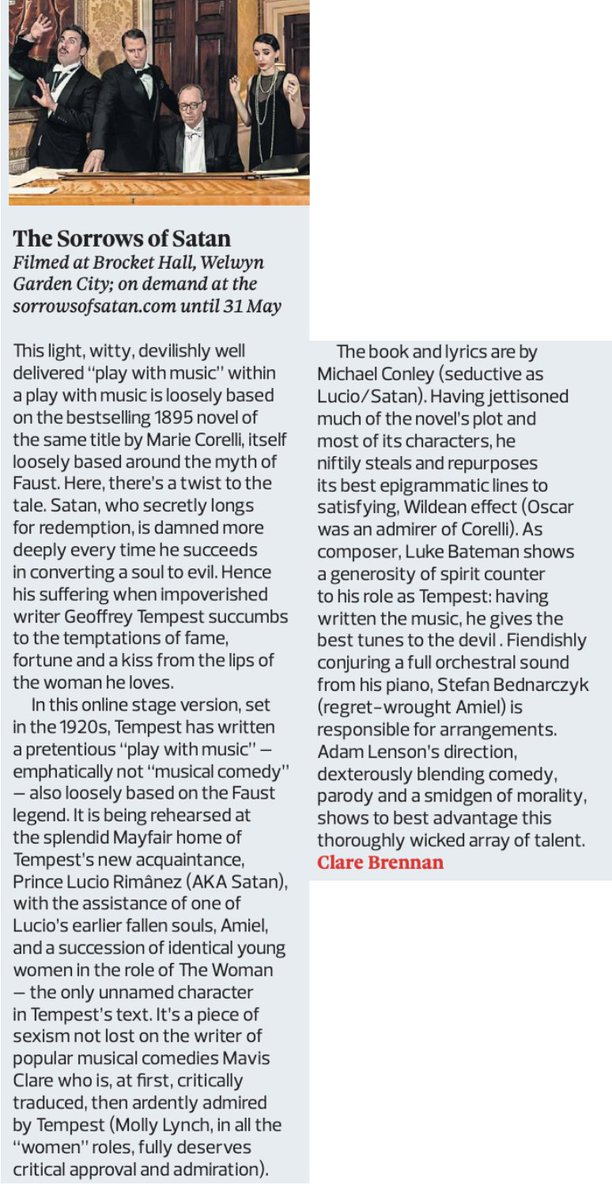 BOOM! 💥 A stonking rave review from Clare Brennan in The Observer for "devilishly well delivered"  The <a href="/sorrowsofsatan/">The Sorrows of Satan</a> 🥳l