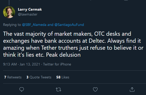 realcryptostats's tweet photo. @realpauleverton @lawmaster Why does all the Tether customers have bank accounts at Deltec, if they don't use them to transfer money to Tether? But hey.. we are all at "peak delusion" here. https://t.co/7NxwSzcFbQ