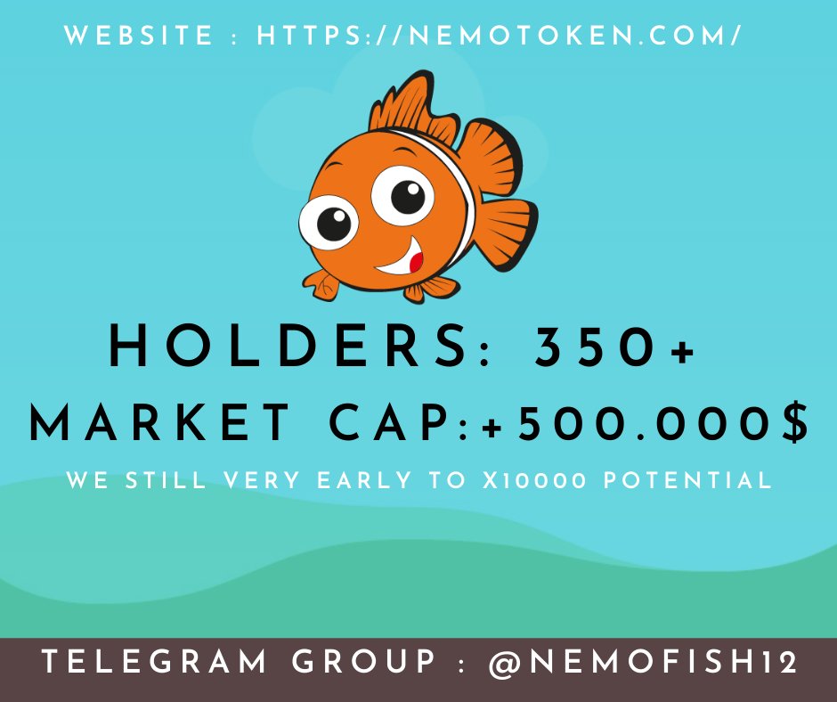 NemoToken_BSC's tweet photo. Name: NEMO TOKEN
Symbol: NEMO
Contract Adress: 0x6044c790f054efd0e27a24969ba2c00ab1a324df

- Holders: 350+
- Market Cap" +500.000$
We still very early to x10000 potential
#Nemo #hold

P/s: We have submited on #CoinGecko
#cz_binance #BinanceSmartChain #elonMask #bep20 #dogecoin https://t.co/MA5iibJOaZ