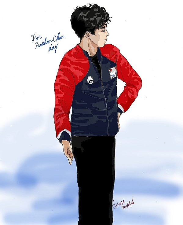 hanasakichitose's tweet photo. Drew this one in the style of Japanese animation. By the way, can I buy this U.S. jersey jacket as a foreigner and an ordinary person? #NathanChen #NathanChenDay 
アニメ風に描いたらガンダムのキャラクターっぽくなったでござるの巻。
※アメジャーはジェイソンさんの写真を見て描いたの💦 https://t.co/T0MTDWceKE