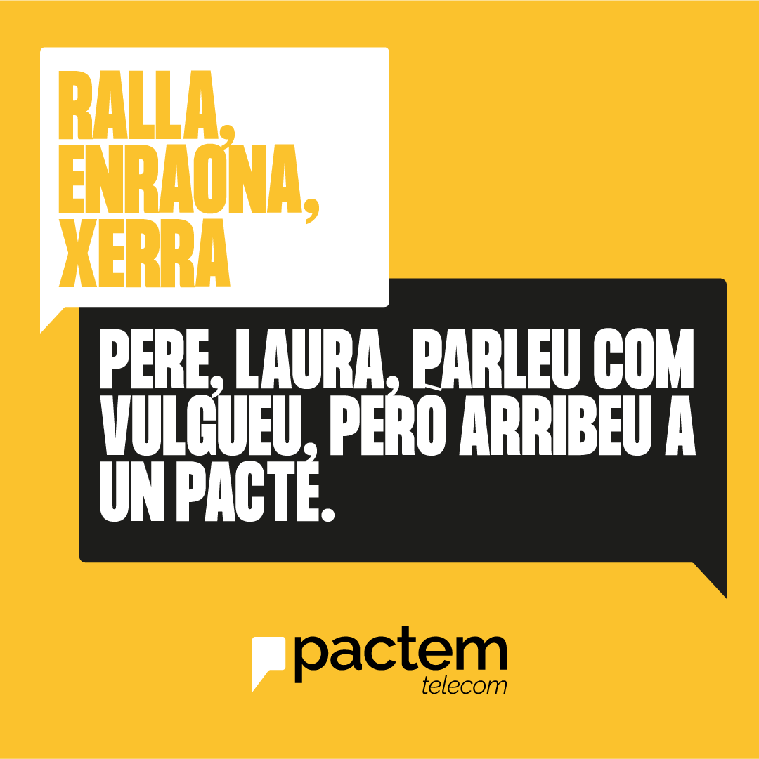 Parlem's tweet photo. Bon dia @perearagones i @LauraBorras! A Pactem volem que pacteu. Tenim tot el que necessiteu: tarifes amb minuts il·limitats, 30GB de dades, la fibra més ràpida. Ho posem fàcil perquè parleu i arribeu a un pacte.
Segur que amb Pactem Telecom aconseguiu desencallar la situació 😉 https://t.co/wVxZpurFiE