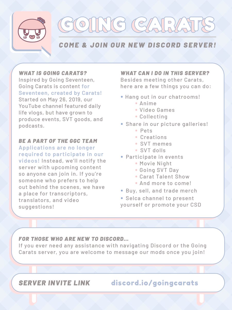 goingcarats's tweet photo. 【 GOING CARATS DISCORD 】
Join our community, meet CARATs, help contribute to our future content, and more!
⇨ https://t.co/x8WOxiUbu4 https://t.co/ucnHBMaOHD