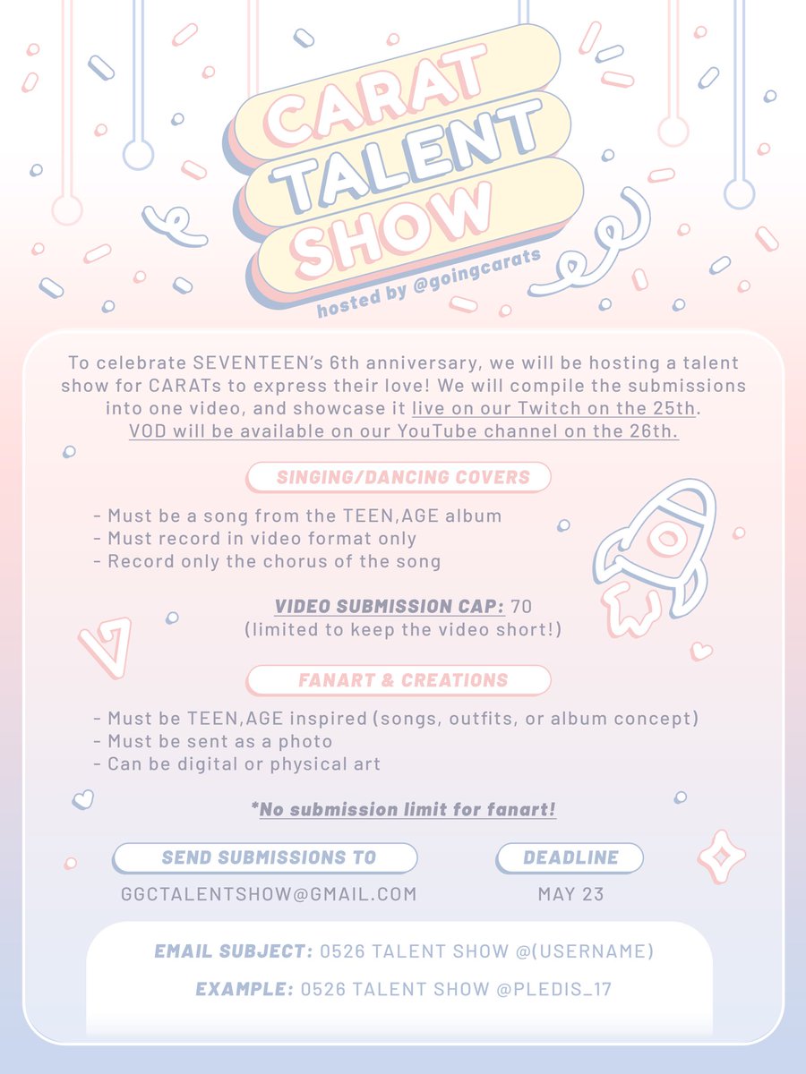 goingcarats's tweet photo. ✩ SVT 6TH ANNIVERSARY EVENT ✩
【 CARAT TALENT SHOW 】 
#SVTxGGC #세븐틴 #SEVENTEEN
⇨ DEADLINE: MAY 23 https://t.co/JC2wQ8dTLo