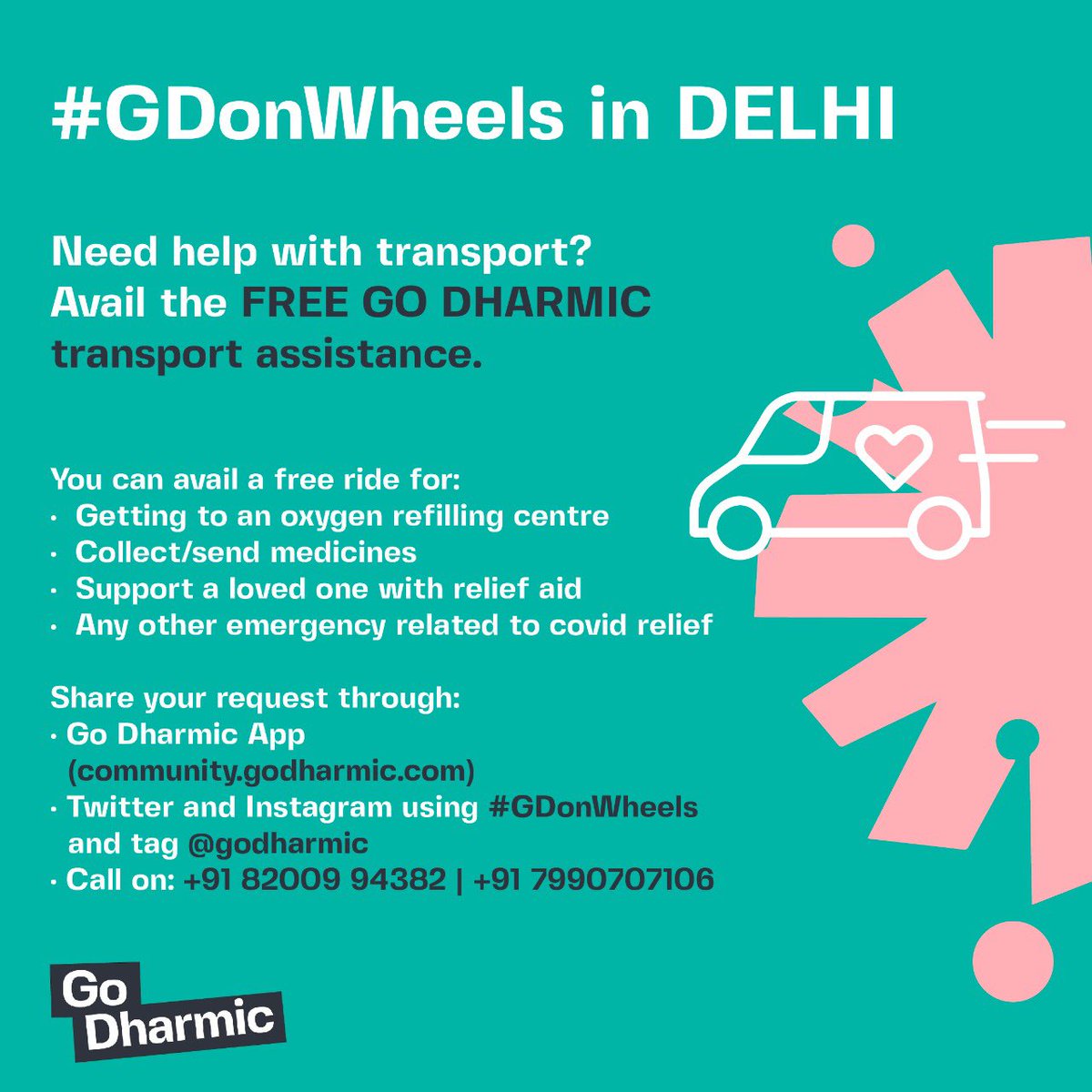 DevelopIndiaFo1's tweet photo. Wonderful initiative #Covid19IndiaHelp
@GoDharmic is offering free transport in #Delhi to those who need it for emergency/covid related work. 
#GDonWheels https://t.co/T6KnSXi7vS