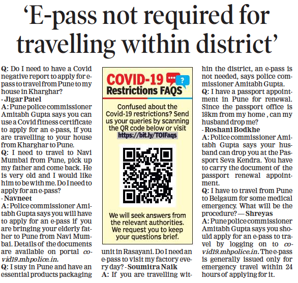 TOIPune's tweet photo. Confused about the Covid-19 restrictions? Read the answers to top queries everyday in The Times of India newspaper, answered directly by the concerned authorities.

To send us your questions, visit - https://t.co/qp5FA8Sd57

#Covid19 #CovidFaqs #Covid19Faqs #CovidRestrictions https://t.co/xiPq0YbL8M