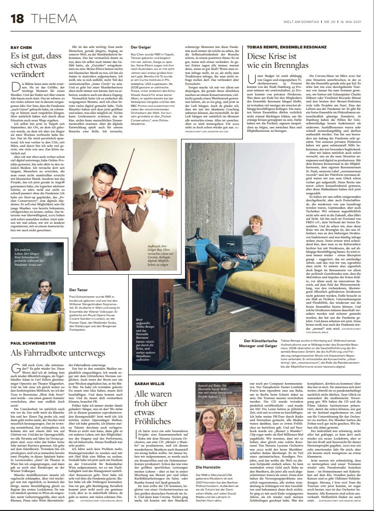 Verstummt: kaum jemanden hat die Pandemie so hart getroffen wie die Musiker. Bei uns erzählen Anne-Sophie Mutter, Christian Gerhaher, <a href="/raychenviolin/">Ray Chen</a>, <a href="/sarahwillis/">Sarah Willis</a> und andere, was ihr wohl stillstes Jahr mit ihnen und ihrer Kunst gemacht hat. Unser Titelthema <a href="/WELTAMSONNTAG/">WELT AM SONNTAG</a> <a href="/welt/">WELT</a>