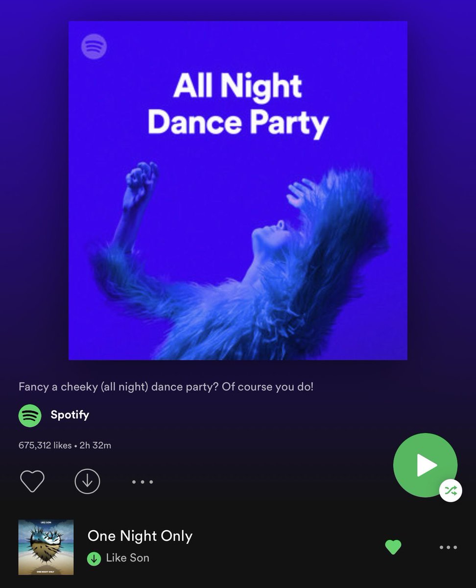 🤩 Things I love to see... “One Night Only” added to “All Night Dance Party” Playlist on Spotify! 🔥

Massive thank you to the team at <a href="/Spotify/">Spotify</a> <a href="/SpotifyUK/">Spotify UK & Ireland</a> for the support! 💚🙏🏼

Head over to Spotify and listen now! Link to listen is here 👉🏼 likeson.lnk.to/OneNightOnlyTW

#housemusic