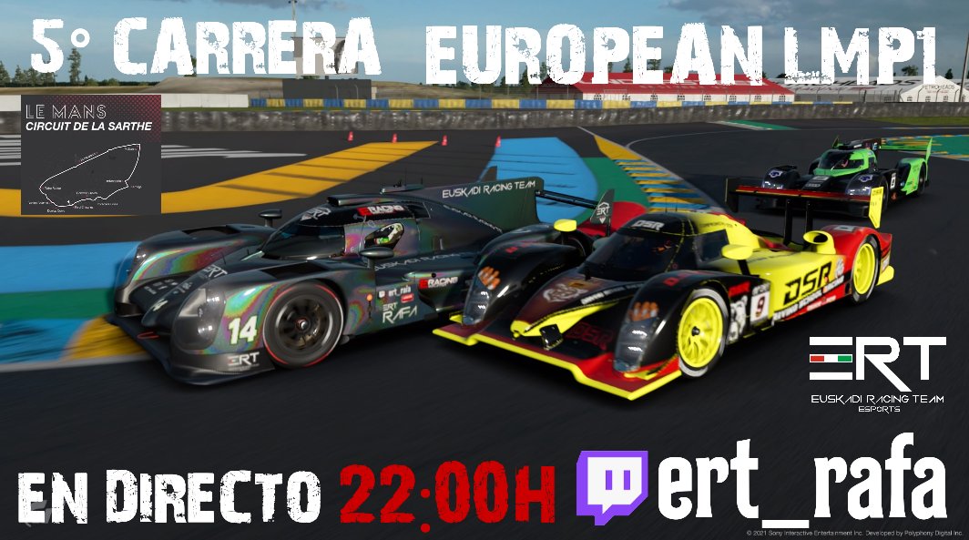 Ultima carrera del EUROPEAN LMP1, a falta de saber que equipo se proclamara vencedor tras 4 rondas la clasificacion queda asi: 
• ERT            72puntos
• JOKERS    71puntos
• VRG.          71puntos
• GTS92.      60puntos 

🎙️ <a href="/ERT_Rafa/">ERT_Rafa (kimaradi)</a> 
🕙 22:00H
,📺 twitch.tv/ert_rafa