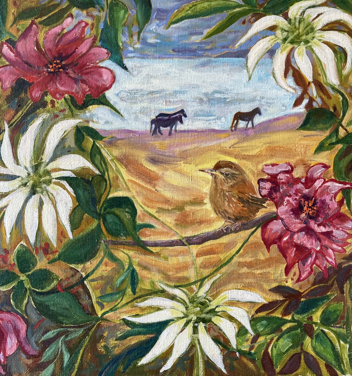 A little wren on Holy Isle Arean in the Mandela Garden. I don’t have a wren nesting in my garden, wish I did  
#wrens #eriskayponies #holyisle #arran #oilpainting