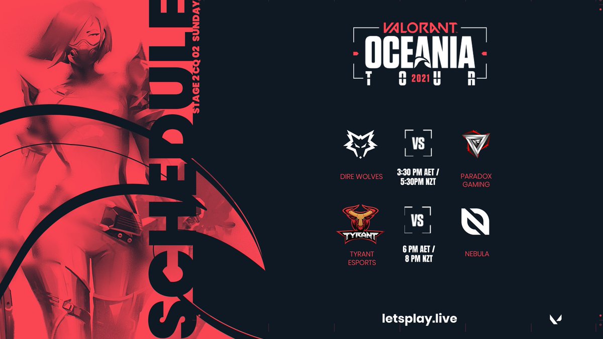 2021 VALORANT Oceania Tour Stage 2 Closed Qualifier 02 finishes NOW!!

<a href="/TyranteSportsOC/">Tyrant Esports</a>🆚<a href="/TeamNebulaOCE/">NEBULA</a> 
🎙 <a href="/KomodoAU/">Dion Pirotta</a> <a href="/ConkyOCE/">Mitch</a>
🔍@CrashOBS

📺twitch.tv/lpl_valorant
📺twitch.tv/valorant
📺twitch.tv/riotgamesoce
📺youtube.com/c/ValorantEspo…

#OceaniaTour | #VOT