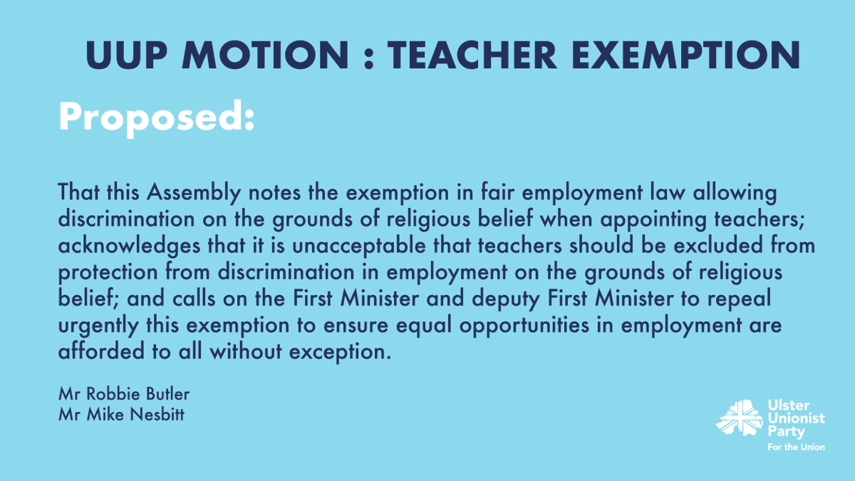 uuponline's tweet photo. 📚👩‍🏫 UUP TEACHER EXEMPTION MOTION📚 👨‍🏫

Tomorrow, the UUP will bring a motion to the NI assembly to remove the 'teacher exemption' in employment law, which allows for discrimination based on religious background. 

#UlsterUnionist #EndLawfulDiscrimination https://t.co/gibL07xdZs