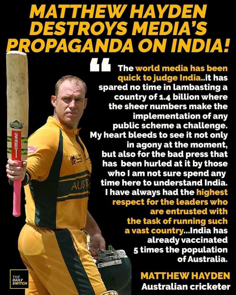 Smita GLK parikh - 🦋🇮🇳 (@smitaparikh2) on Twitter photo This is what’s called being appreciative rather than sitting in your living rooms and criticising! My sincere thanks to <a href="/HaydosTweets/">Matthew Hayden AM</a> for speaking this, whilst some leftist chose to criticise and defame the country. Jai Hind 🇮🇳 This is what’s called being appreciative rather than sitting in your living rooms and criticising! My sincere thanks to <a href="/HaydosTweets/">Matthew Hayden AM</a> for speaking this, whilst some leftist chose to criticise and defame the country. Jai Hind 🇮🇳
