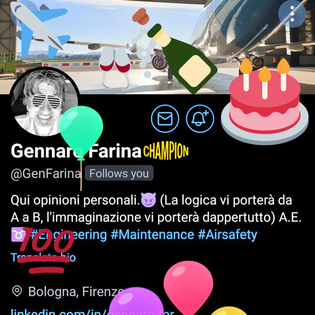 MichaelForni's tweet photo. Auguri @GenFarina,sappiamo che "non si bene in servizio",ma per il tuo compleanno fermati a festeggiare con una buona "boccia",prima di tornare ad assicurarti che gli #aerei sui quali voliamo siano #efficienti e #sicuri😎
Grazie🙏 per condividere tanto valore con la tua #timeline https://t.co/AmQEneRyaC