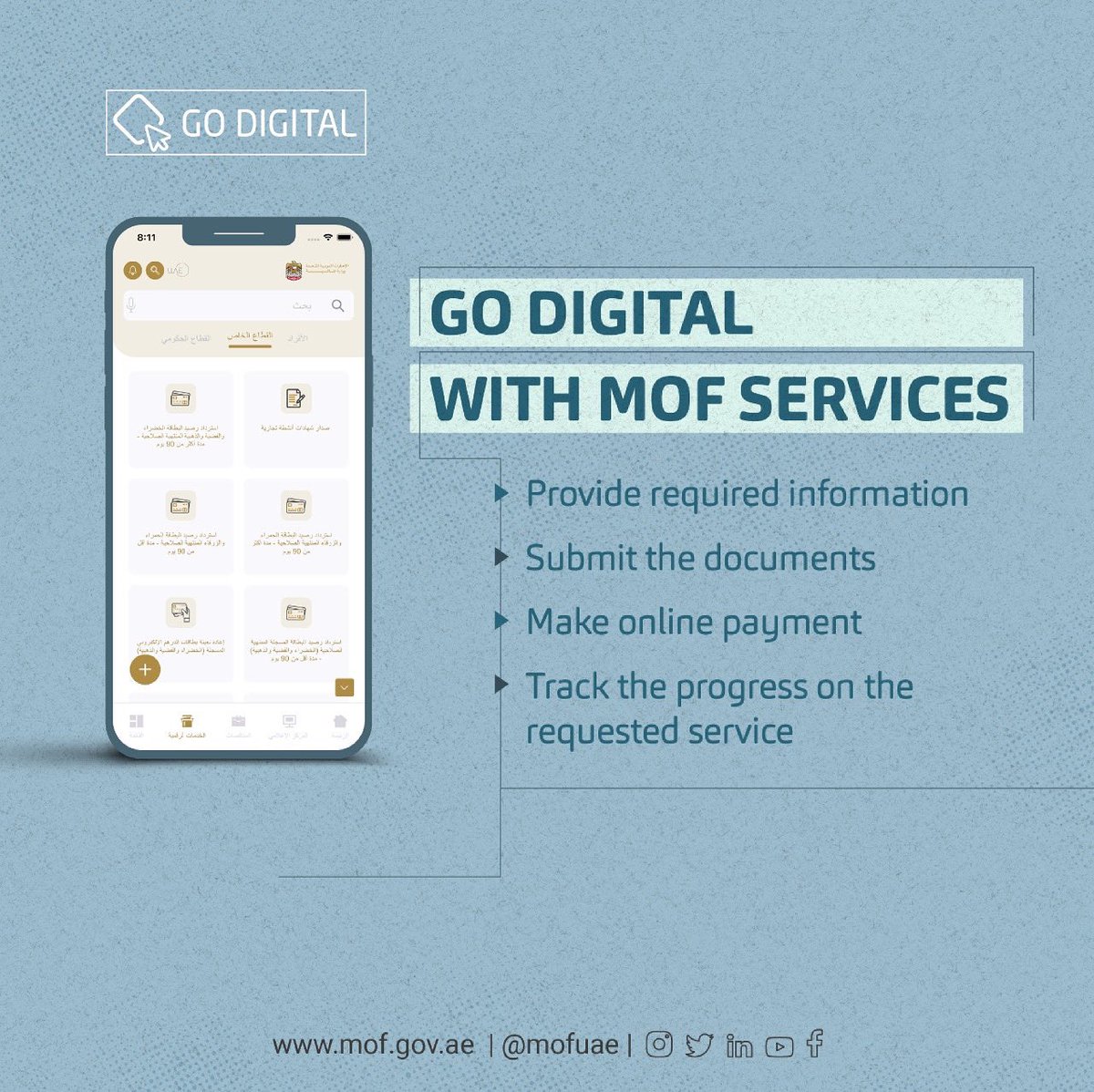 MOFUAE's tweet photo. We have been actively providing all our #services #online for more than a year now. If you have not yet benefitted from it, bookmark our #website or #download the #MOFUAE app for all your future requirements from your Ministry of #Finance. #mydigitalservices https://t.co/oj1BZJ843n