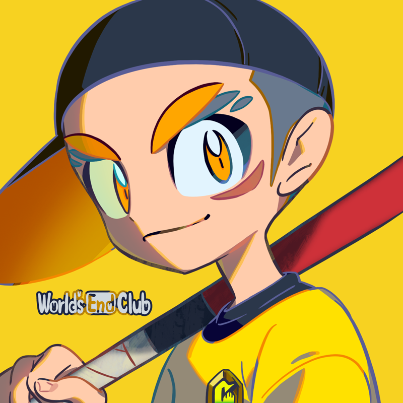 1boy male focus solo yellow background hat baseball bat smile  illustration images