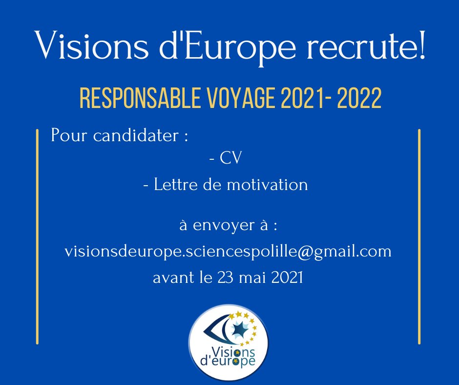 🇪🇺 Semaine de recrutement 🇪🇺
Visions d'Europe recrute un.e responsable pôle voyage !
Découvrez le témoignage de Iloé Fétré
Pour candidater : CV + lettre de motivation à envoyer à visionsdeurope.sciencespolille@gmail.com avant le 23 mai