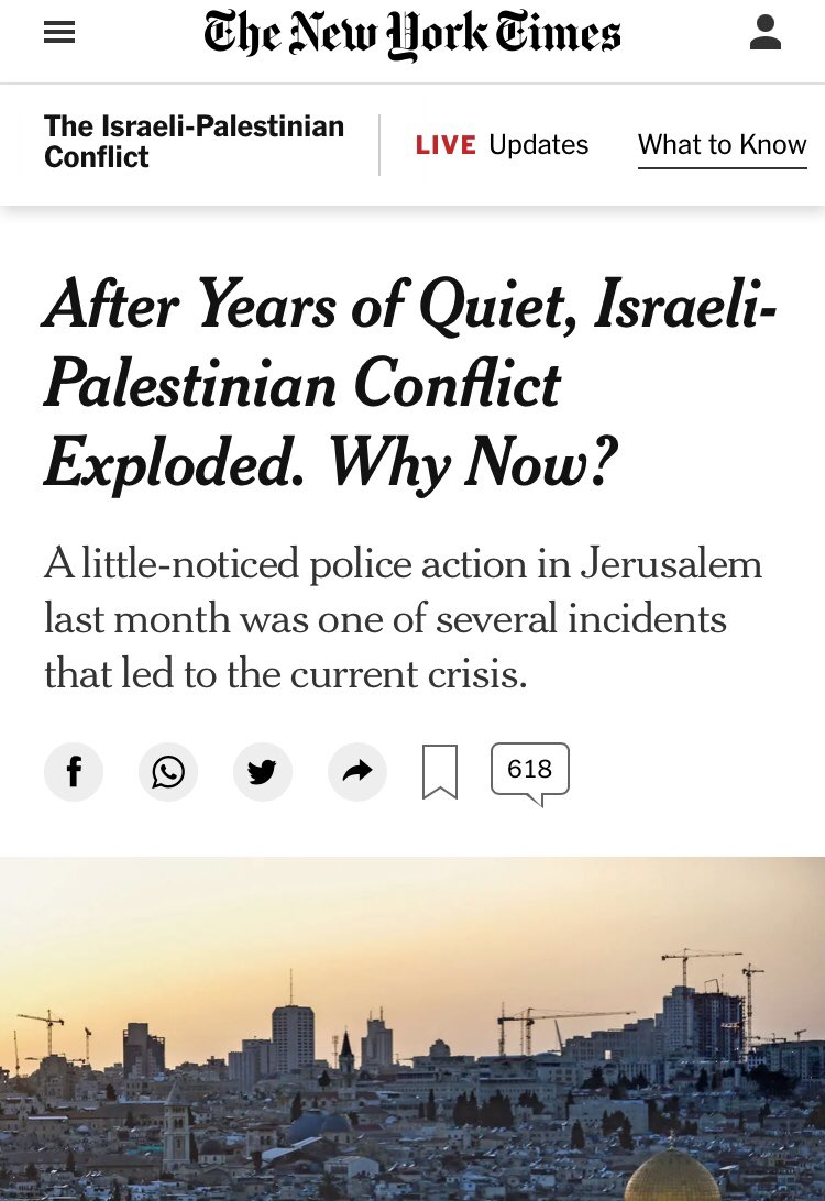 The <a href="/nytimes/">The New York Times</a>’s <a href="/PatrickKingsley/">Patrick Kingsley</a>  reports that there have been “years of quiet”, but who exactly has it been quiet for? It certainly hasn’t been quiet for the millions of Palestinians under siege &amp; colonial occupation who face erasure &amp; expulsion from their lands.