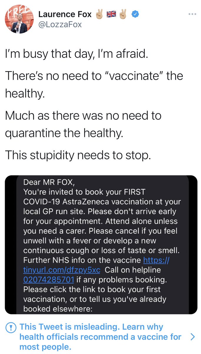 Please give us a follow and RT so that when people like Laurence Fox tweet dangerous nonsense like this we have a big enough platform to correct them. And please do book your vaccination when invited to so we can all get back to some sort of normality ASAP. Thank you x