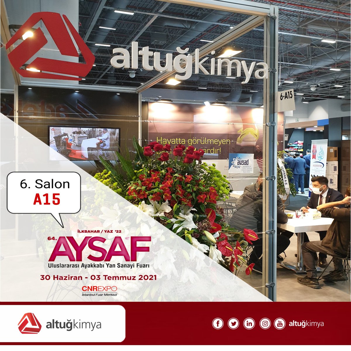 altugkimya's tweet photo. AYSAF 2021 / 64. AYSAF Fuarinda
6. Salon A / 15 Numaralı Standımız da Değerli İş Ortak`larımızla Birlikteyiz.
#aysaf2021 #aysaf #ayakkabi #footwear #sole #slipper #fuar #fair #poliuretan #polyurethane #releaseagent #liquidcolorants #spraypaints #dippingpaints #altugkimya https://t.co/ZgJBPhfrlm