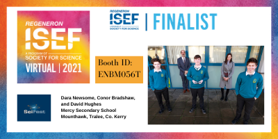 SciFest4STEM's tweet image. Register for Regeneron ISEF 2021 at societyforscience.org/isef/ and visit Dara, David and Conor&apos;s project booth ENBM056T - Specs - Device for Dementia Patients projectboard.world/isef/project/e… #makeprojects #RegeneronISEF @Society4Science @MounthawkMercy @scienceirel @IrishSciTeach @segala72