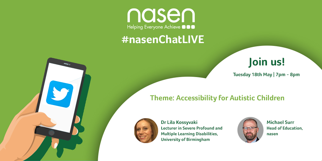 nasen (@nasen_org) on Twitter photo 2 days to go! Don't forget to join us on Tuesday for our #nasenChatLIVE, we'll be discussing 'Accessibility for #Autistic Children' <a href="/LilaKossyvaki/">Dr Lila Kossyvaki</a> @MichaelSurr <a href="/WholeSchoolSEND/">Whole School SEND</a> <a href="/unibirmingham/">Uni of Birmingham</a> 2 days to go! Don't forget to join us on Tuesday for our #nasenChatLIVE, we'll be discussing 'Accessibility for #Autistic Children' <a href="/LilaKossyvaki/">Dr Lila Kossyvaki</a> @MichaelSurr <a href="/WholeSchoolSEND/">Whole School SEND</a> <a href="/unibirmingham/">Uni of Birmingham</a>