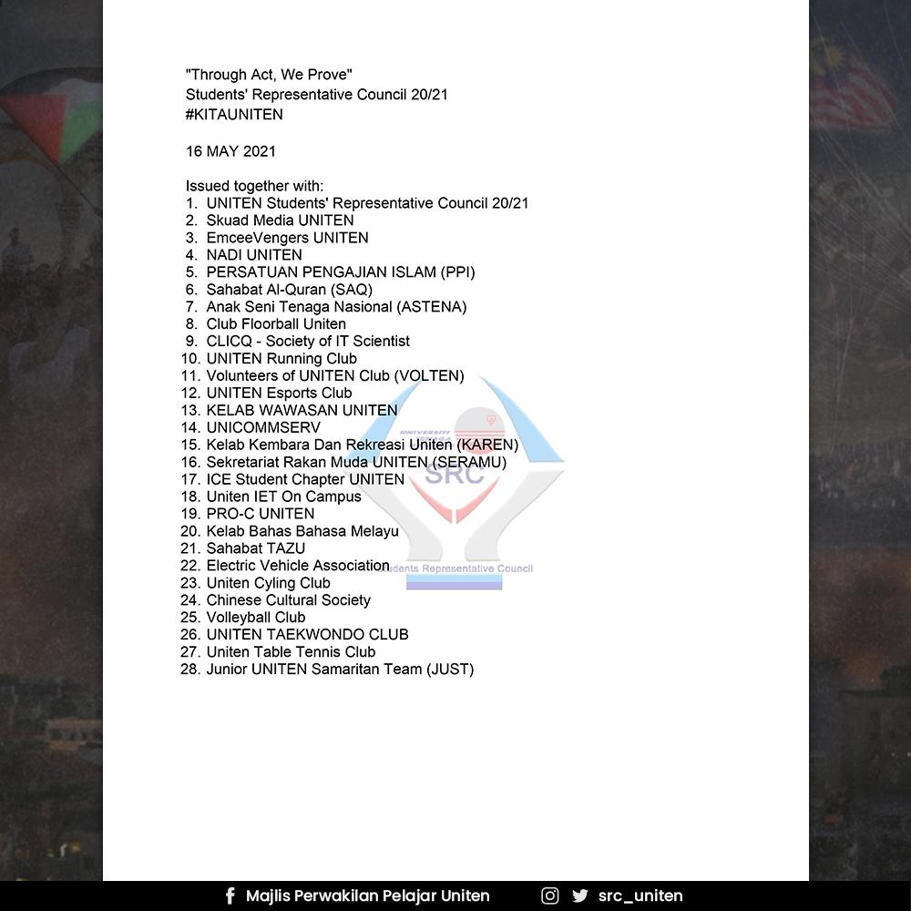 skuadmediauni10's tweet image. [JOINT MEDIA STATEMENT]

UNITEN STUDENT CLUBS AND SOCIETIES STAND WITH PALESTINE AND AGAINST THE BRUTALITY OF ZIONIST ISRAEL

We, the UNITEN Student Clubs and Societies, strongly criticize and condemn terrorism acted upon Palestine.