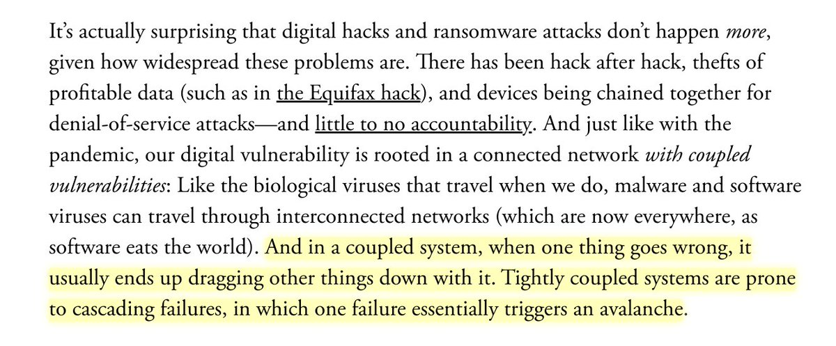 zeynep's tweet image. Prepandemic, I wrote a lot about our digital infrastructure vulnerabilities—like the ransomware that crippled the pipeline. For the Atlantic, I tried to explain the why and the connection: tightly coupled, networked systems are prone to cascading failures. theatlantic.com/technology/arc…