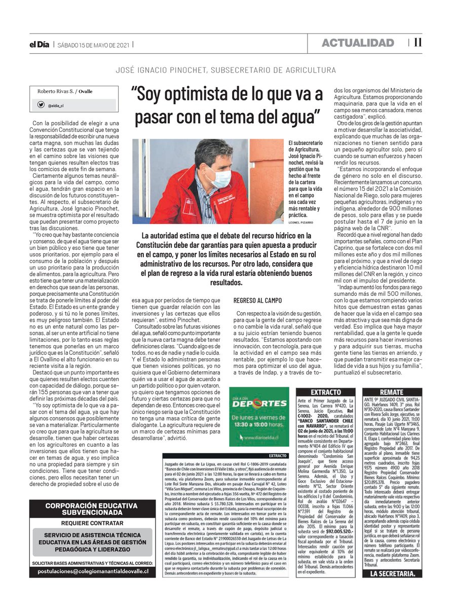 En estas #Elecciones2021CL los invito a leer esta entrevista que me hicieron en el 📰 <a href="/eldia_cl/">Diario El Día</a> y <a href="/elovallino/">Diario El Ovallino</a> sobre una temática que no debería estar ausente en la #ConvencionConstitucional: "Soy optimista de lo que va a pasar con el tema del agua" ⬇️ portal.nexnews.cl/showN?valor=gf…