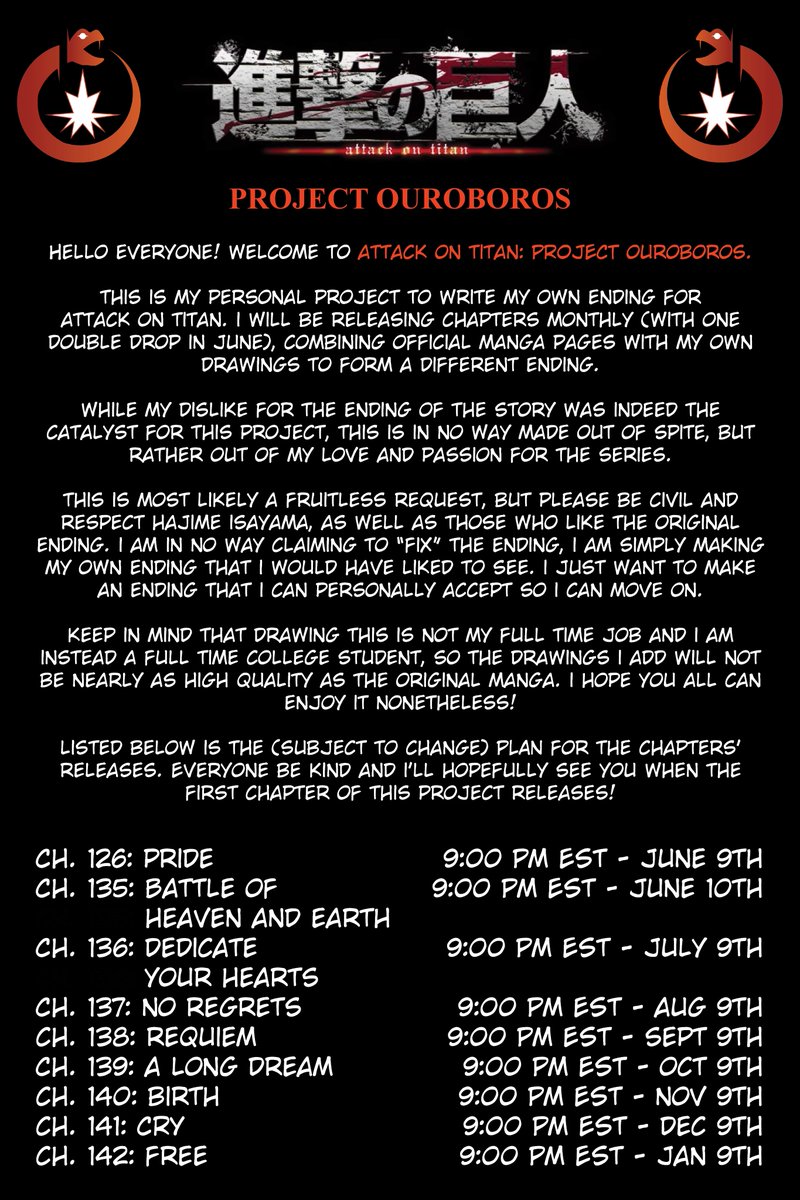 AoTOuroboros's tweet photo. Welcome to my fan ending to Attack on Titan - Project Ouroboros! I'll be posting updates on the project as it proceeds and, of course, the finalized chapters when they're finished! Hope you all enjoy! https://t.co/n7caCg2IGz