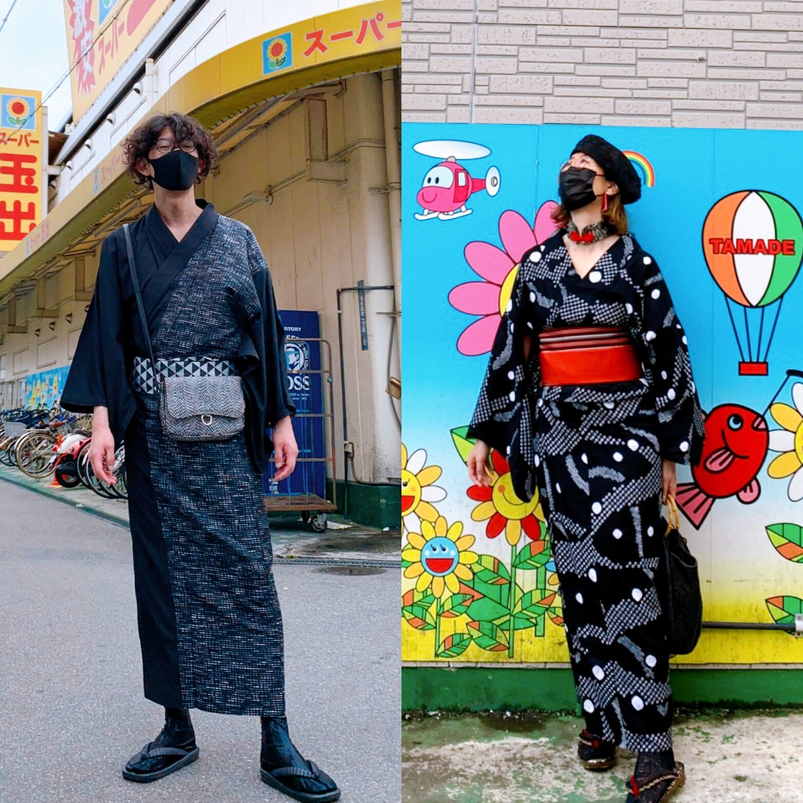 Twitter 上的 結城花音 夫婦で和洋ミックス着物 着物夫婦 で千林商店街へ スーパー玉出前で撮影しがち 笑 私は有松絞りの浴衣 インナーはキャミワンピ 自作チャイナ襟風チョーカー 自作絞りのベレー帽 レース足袋に下駄 夫は片身変わり風着物 ラジアル底