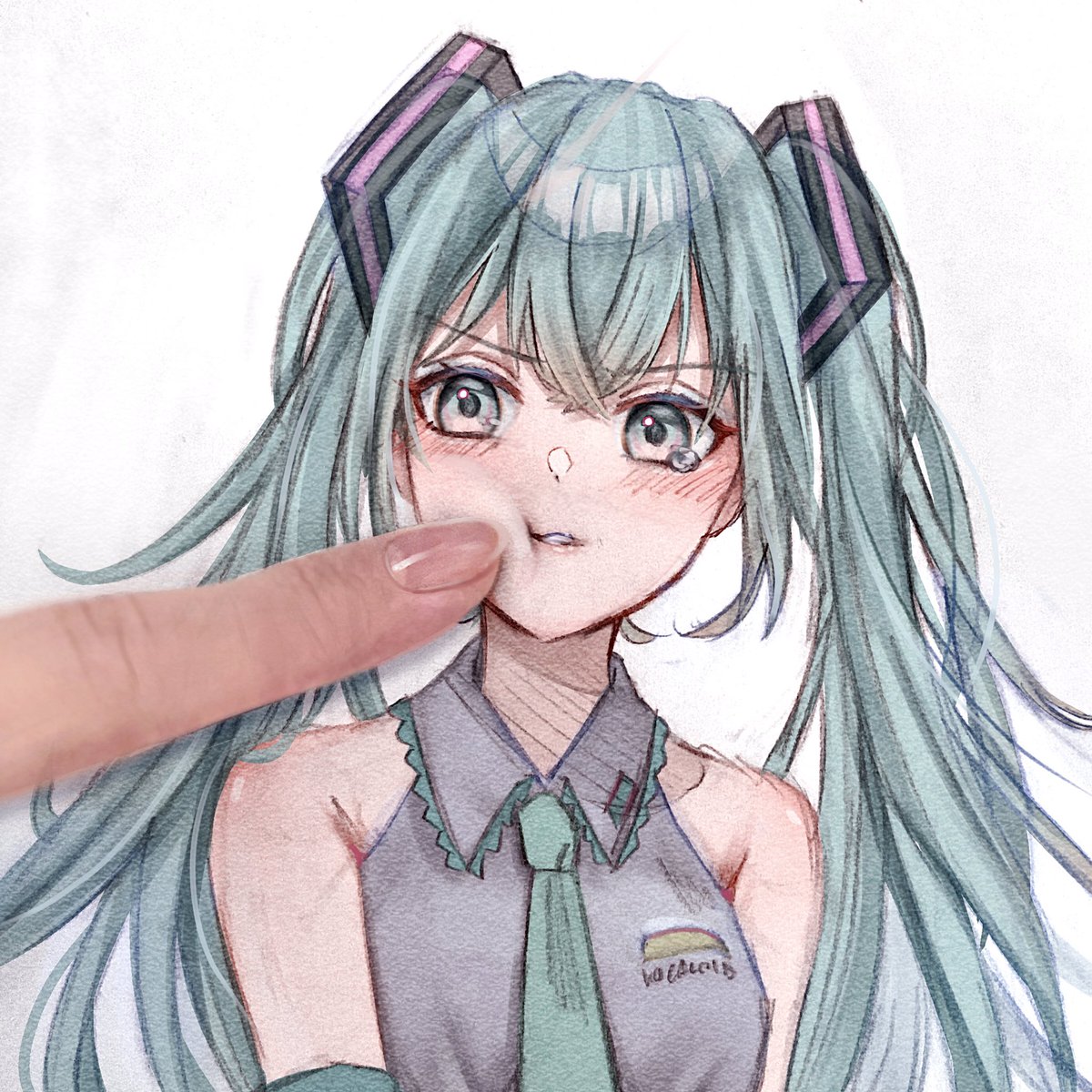 hatsune miku 1girl cheek poking poking necktie twintails long hair shirt  illustration images