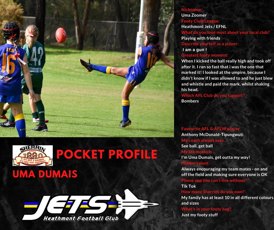 Sherrin Australia Pocket Profiles | Check out our first pocket profile from Uma Dumais of the Heathmont Jets Junior Football Club !
